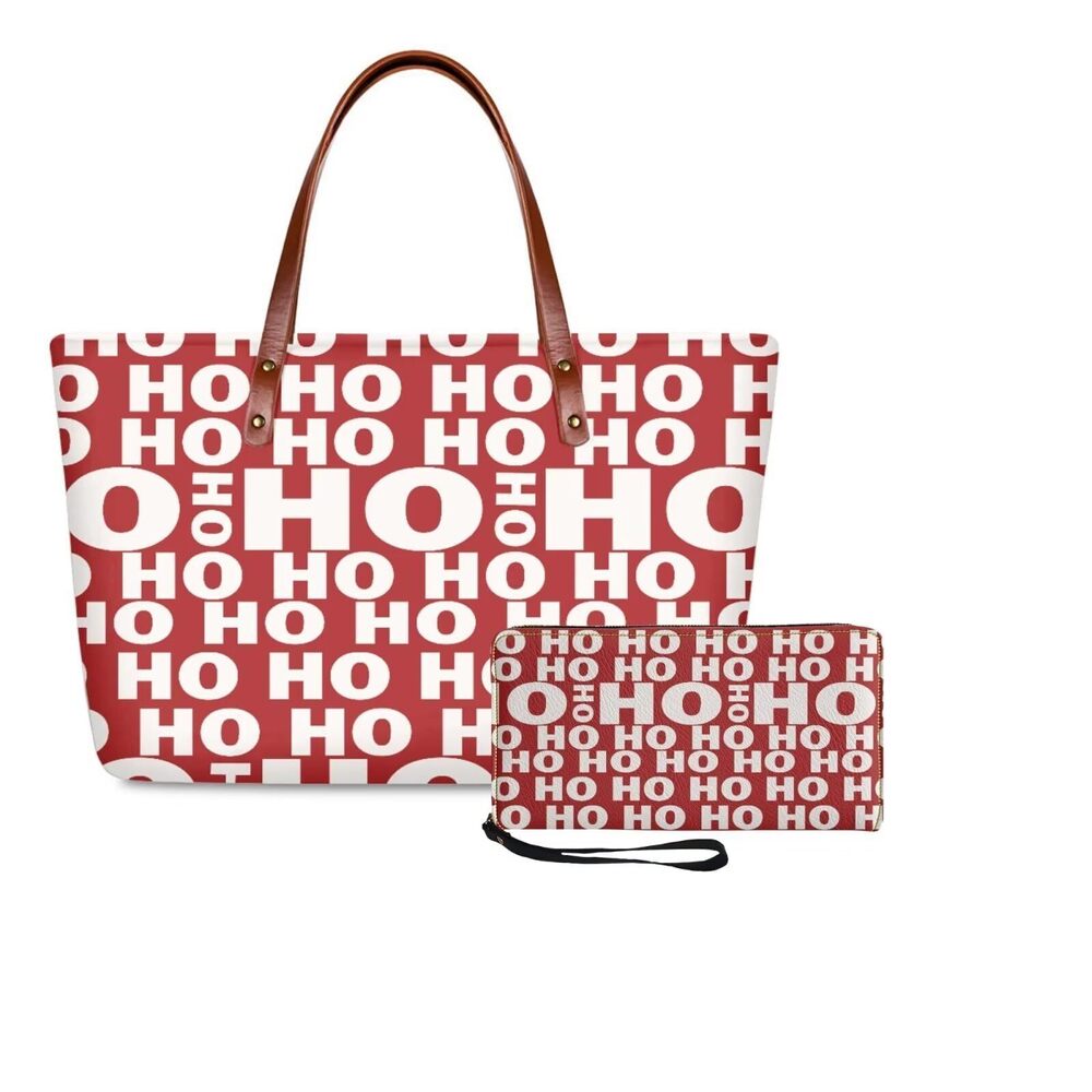 8908 Christmas HO Tote Bag Set - Red, Large Handbag with Wallet, Shoulder